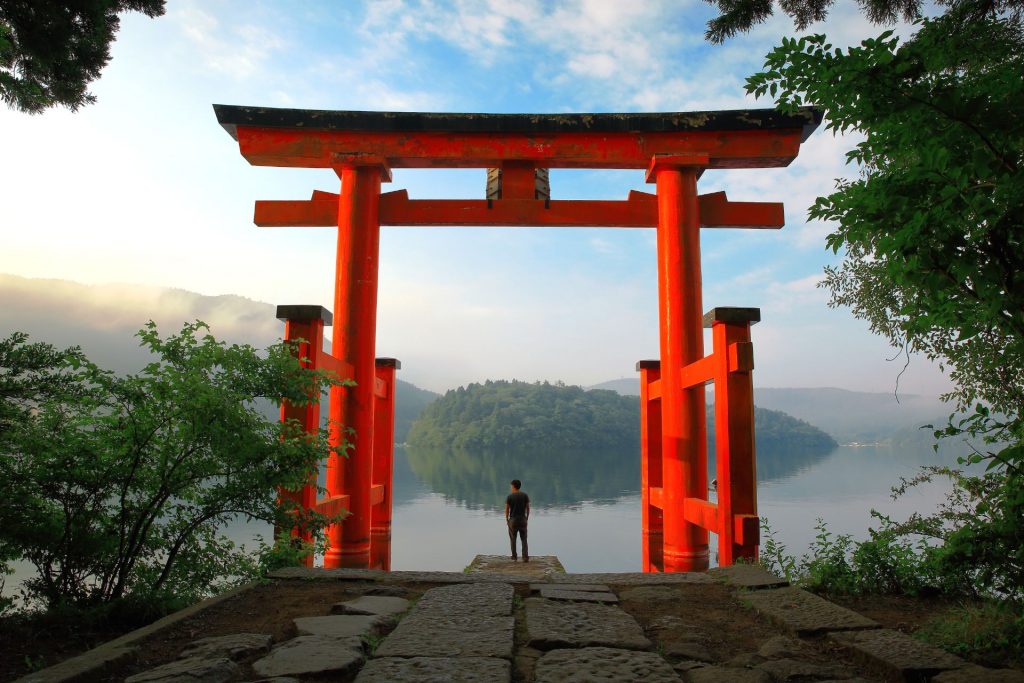 Torii gate of Hakone shrine located on lake Ashi, Japan