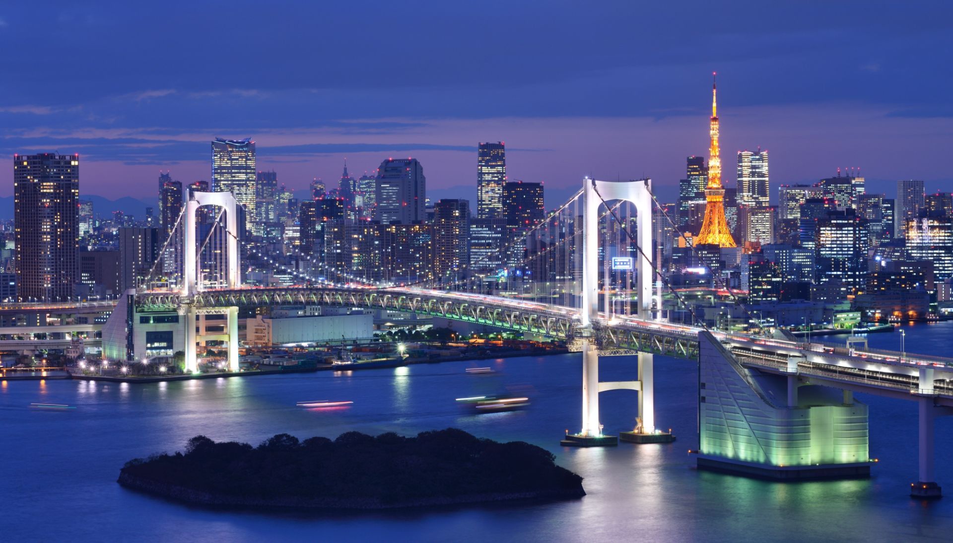 Tokyo, Japan at Rainbow Bridge and Tokyo Bay