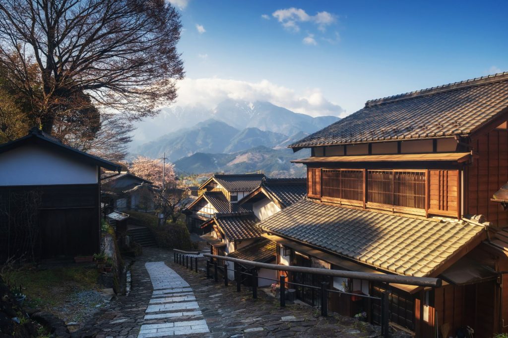 Magome juku post town of the Nakasendo with central alps mountain at sunrise, Kiso valley in Nakatsugawa, Gifu Prefecture, Japan