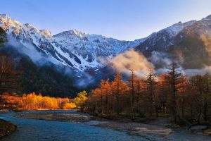 Snow Capped Hotaka Mountain Range And Azusa River At Sunrise Seen From Kappa Bridge In Kamikochi