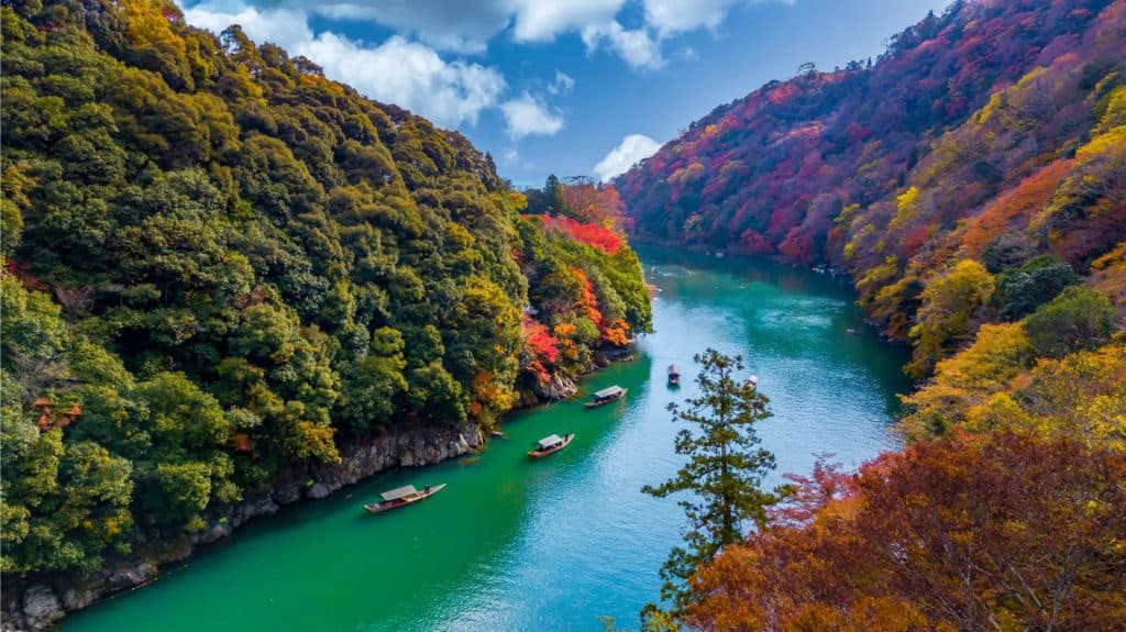 Arashiyama River In Autumn, Kyoto